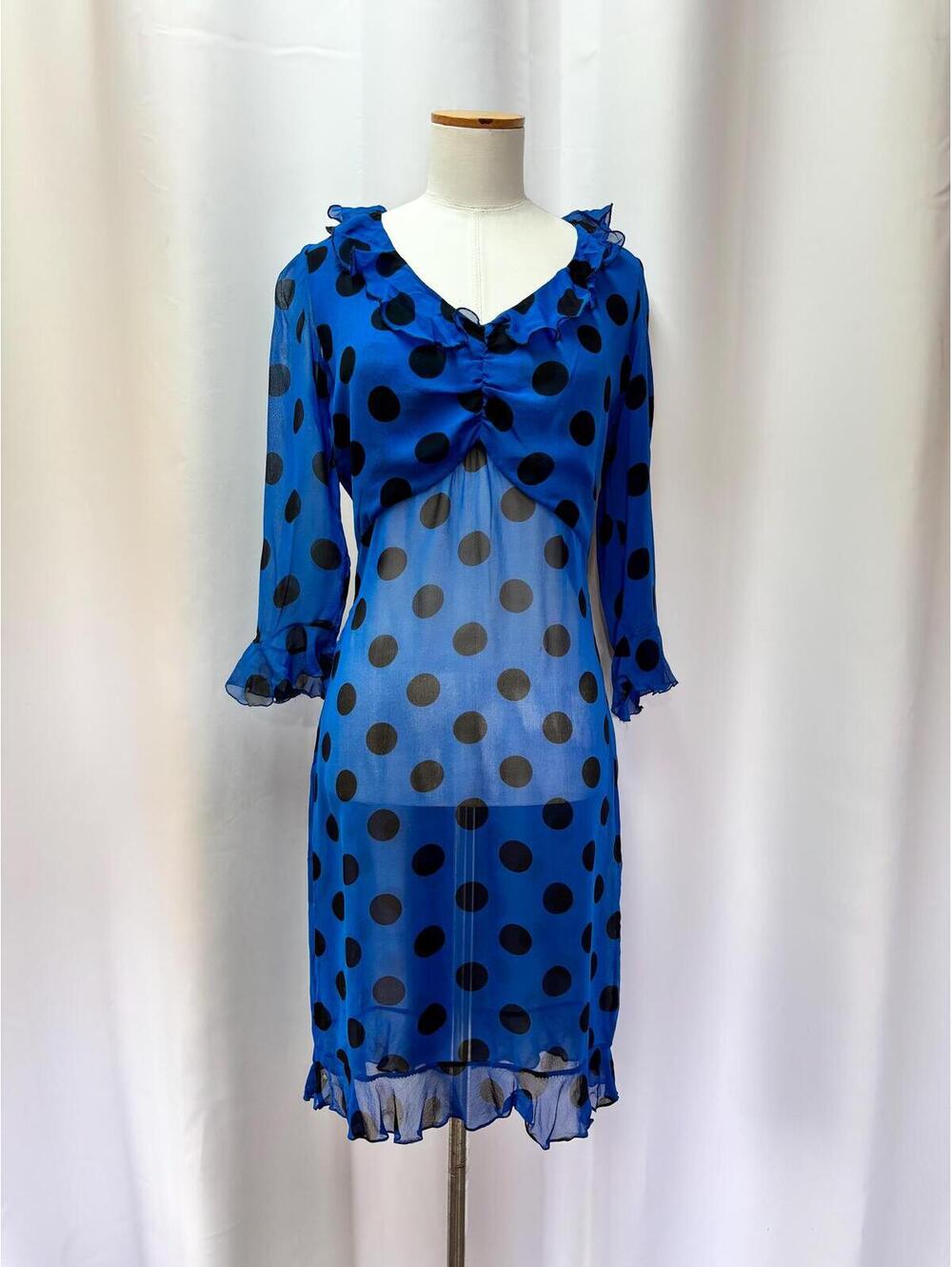 Vintage Sheer Blue Polka Dot Ruffle Party Dress